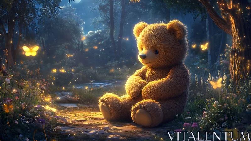 Large plush teddy bear in glowing butterfly forest at dusk.
