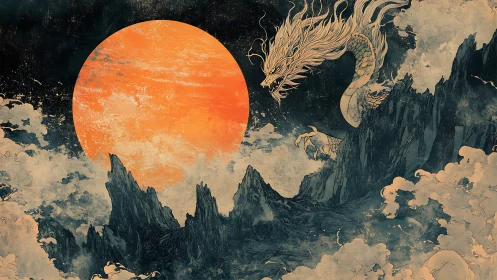 Luminous vermilion sun and storm-tier dragon over jagged peaks.