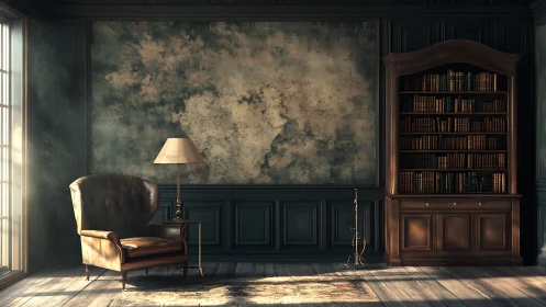 Photorealistic study interior with aged wall and library paneling.