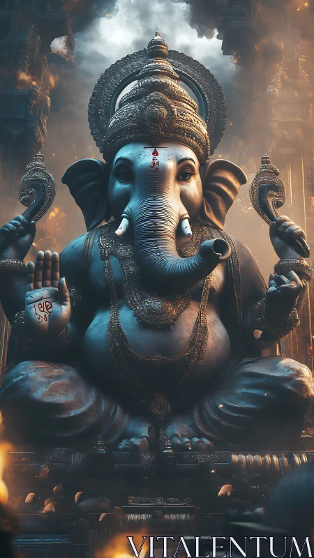 Monumental blue Ganesh idol amidst glowing temple smoke