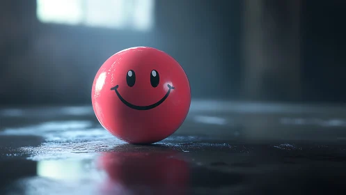 Smiling red sphere glows playfully on a misty studio floor.