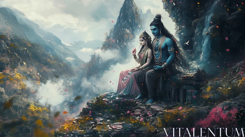 Divine blue-skinned couple resting on misty mountain ledge.