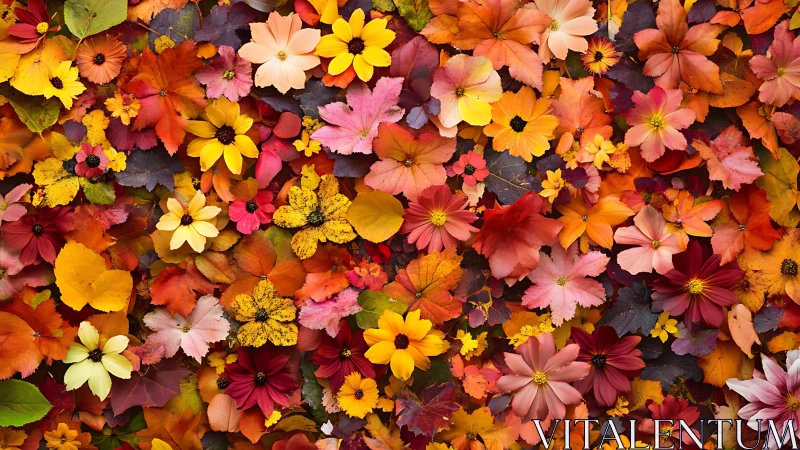 Autumn flowers and foliage arranged in dense flat lay pattern.