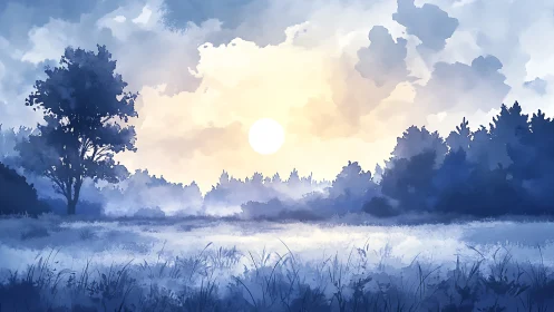 Soft morning sun gently brightens a misty blue forest meadow