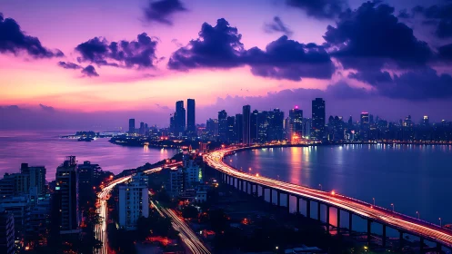 Coastal urban skyline with elevated bridge at dusk.