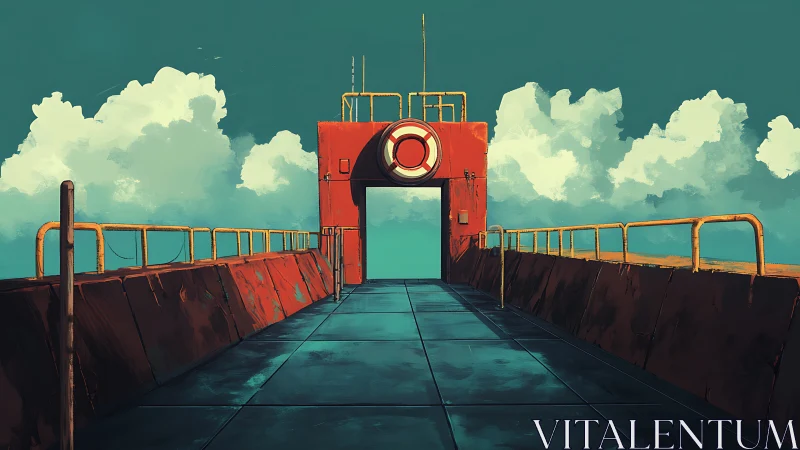 Digital painting of industrial rooftop gate in vivid perspective.