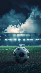 Night stadium scene isolates a worn soccer ball in low angle