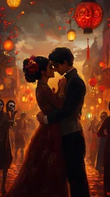 Silhouetted Romance Amid Burning Festival Lanterns and Autumn Haze