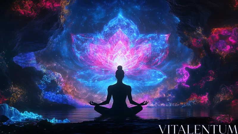 Cosmic meditator blooms within a luminous nebula lotus.