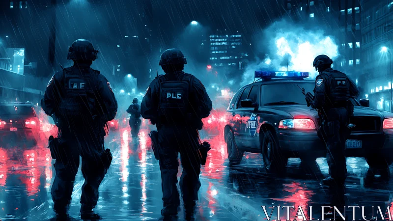 Neon-lit tactical police standoff in rain-soaked city street.