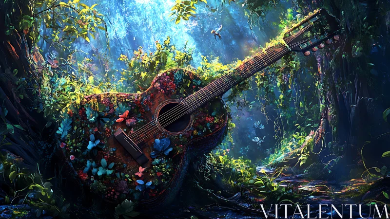 Overgrown guitar in luminous forest clearing at dawn.