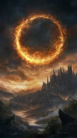 Ring of fire above dark fortress in stormy valley at dusk.