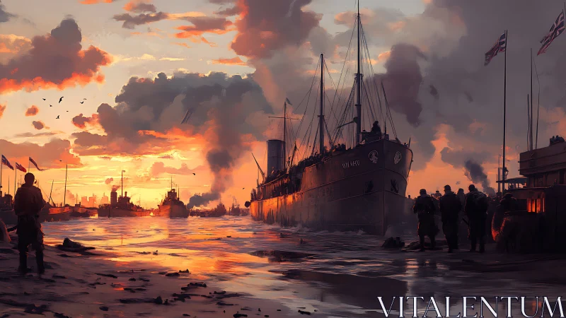 Military embarkation convoy under incendiary sunset skyscape.