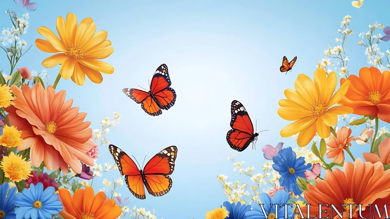 Vibrant butterflies dance among blooming summer flowers