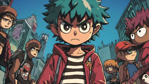 Group of cartoon teens stands in stylized urban street scene