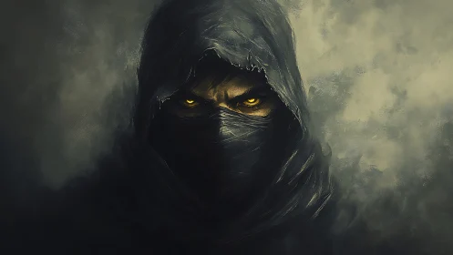 Hooded spectral assassin with luminescent gold ocular focus.