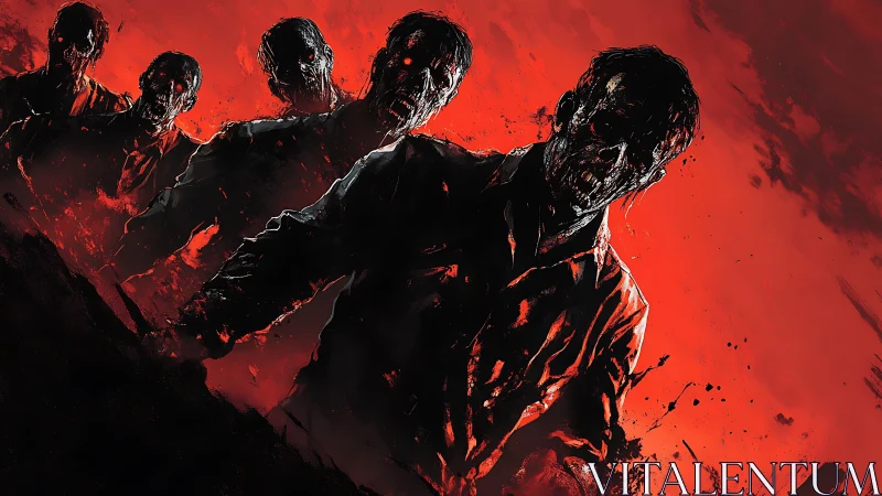 Zombie horde advances through blood-red abstract void.