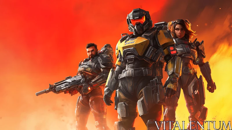 Tripartite exosuit assault squad in infernal kinetic backdrop.