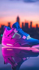 Neon gradient sneaker glows against blurred city sunset skyline