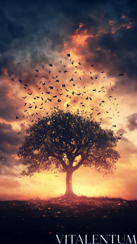 Solitary oak silhouette with birds against blazing sunset sky.