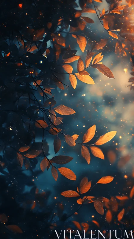 Golden leaves drift gently through a dreamy twilight forest