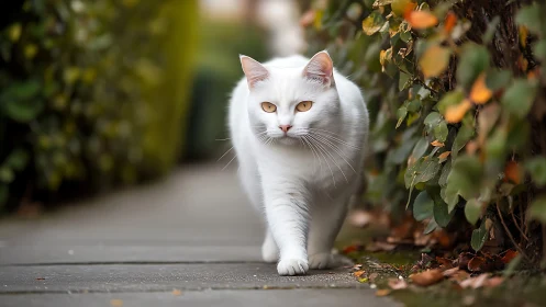 A Snow-White Cat's Serene Garden Stroll.