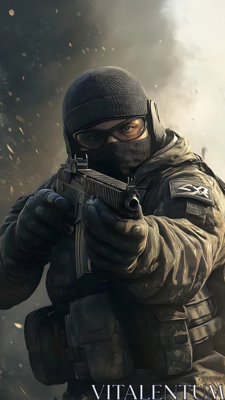 Tactical soldier in full gear holding rifle amid smoke plume.