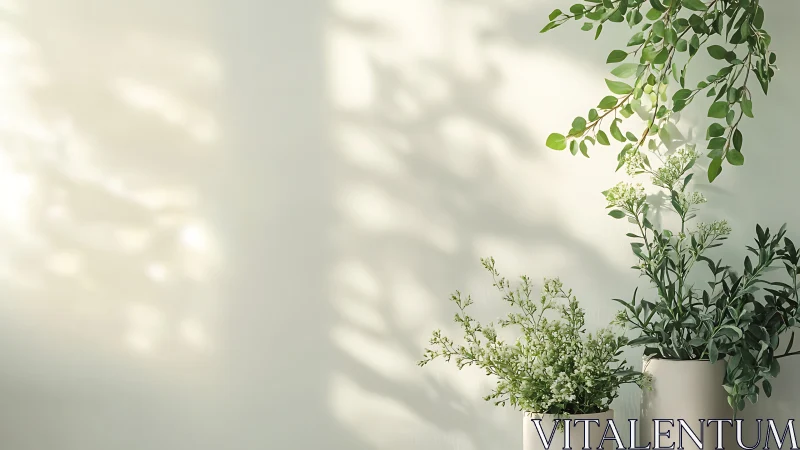 Sunlit potted greens whisper against a pale calm wall.
