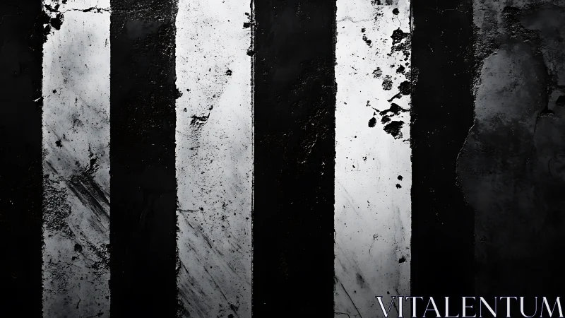 Scarred monochrome stripes carve order through rough shadowed asphalt.