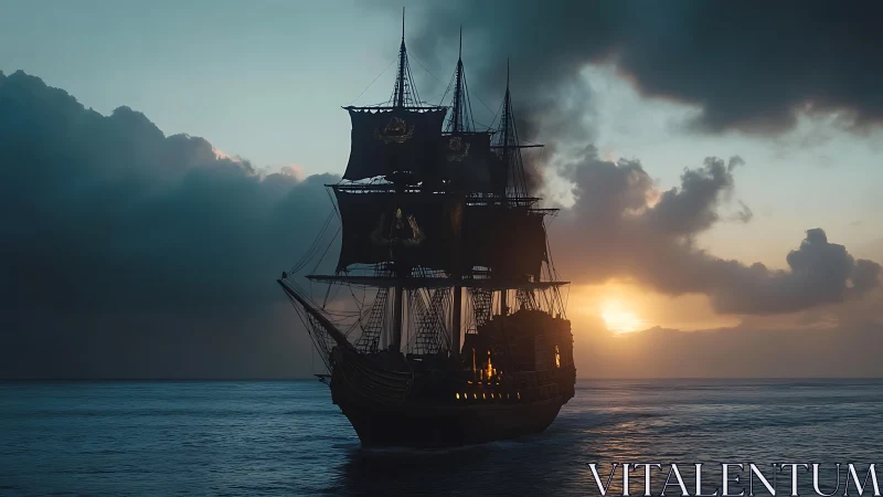 Baroque galleon silhouette advances against a stormlit sunset