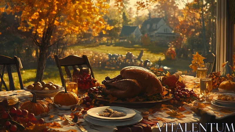 Photorealistic autumn feast table with pastoral window view.