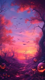 Digital twilight forest path with pumpkins and distant bats