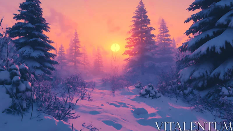 Snowy pine forest at vivid pink and orange sunset.