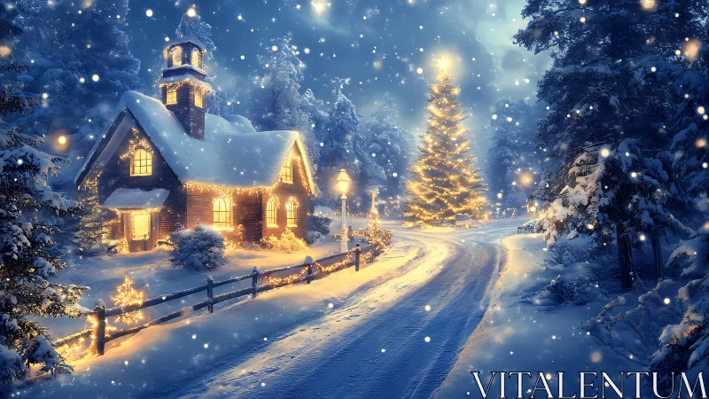 Snow-covered chapel and illuminated Christmas tree in blue dusk
