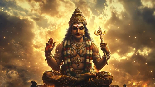 Radiant divine deity seated in blazing celestial clouds.