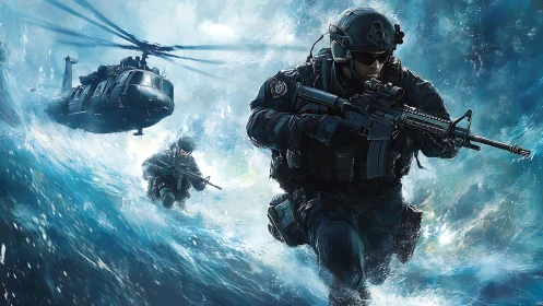 Armed soldiers move through turbulent water as helicopter hovers