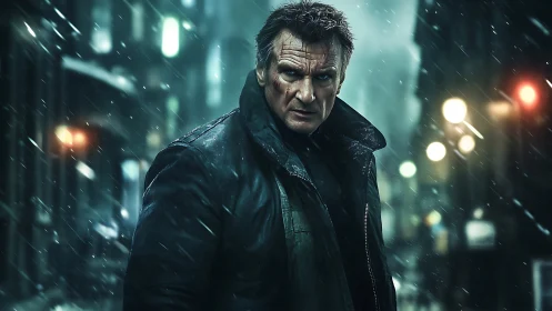 Weathered vigilante in cinematic neon-lit urban snowfall