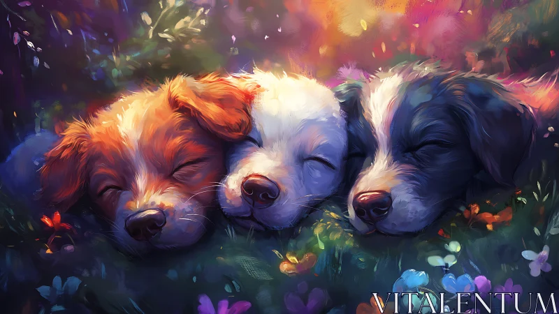 Trio of dreaming puppies in luminous floral meadowscape.