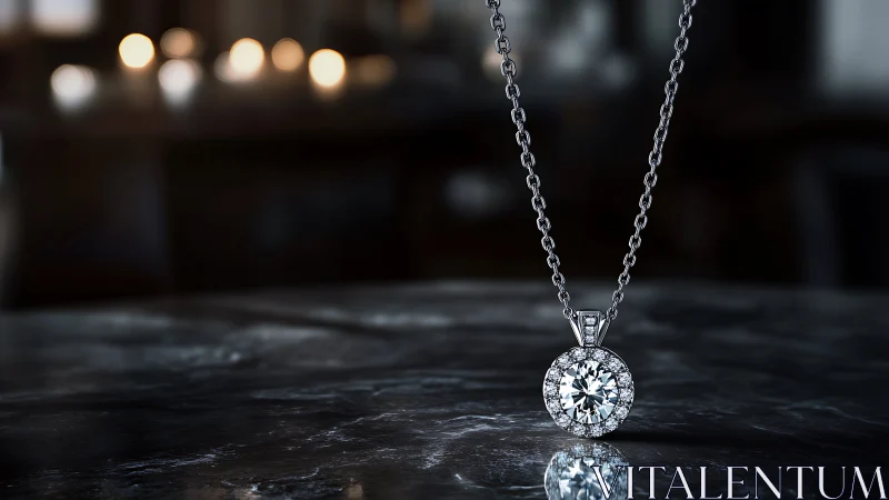 Diamond halo pendant glows over dark marble surface.