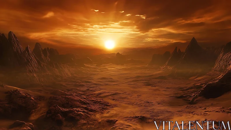 Soft sunfall over a quiet alien canyon plain.