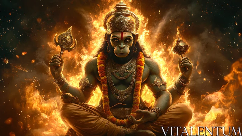 Radiant monkey deity seated in a ring of sacred fire.