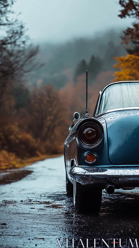 Vintage blue coupe on wet misty forest road at dusk.