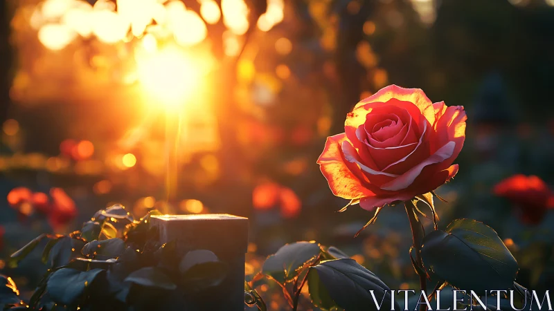 Sunlit rose bloom glowing in warm golden hour radiance.