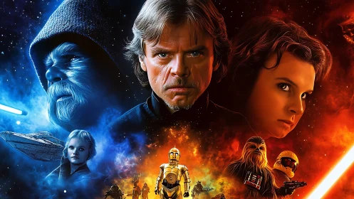 Bilateral sci‑fi character montage with opposing blue and red fields