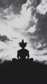 Silhouetted warrior meditating beneath dramatic storm clouds.