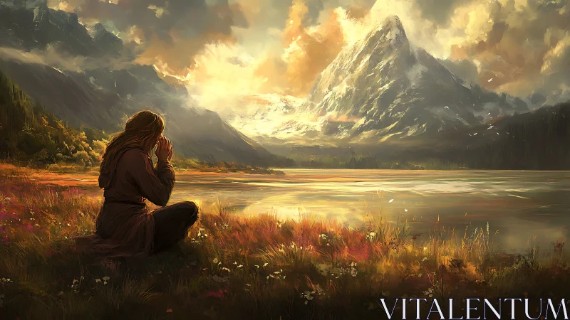 Solitary figure prays beside a golden mountain lake at dusk