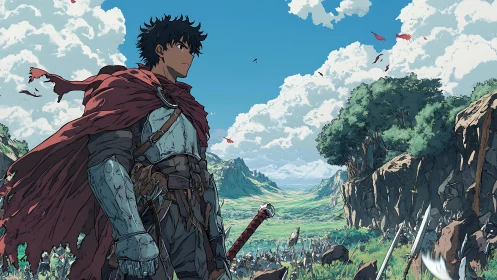 Armored wanderer surveys battlefield under expansive skies