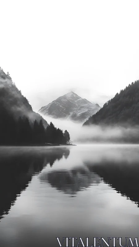 Silent alpine peak mirrored in misty monochrome lake.