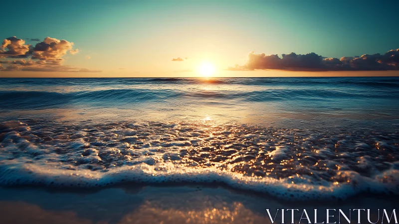 Sunlit shoreline waves capture low-angle golden hour seascape