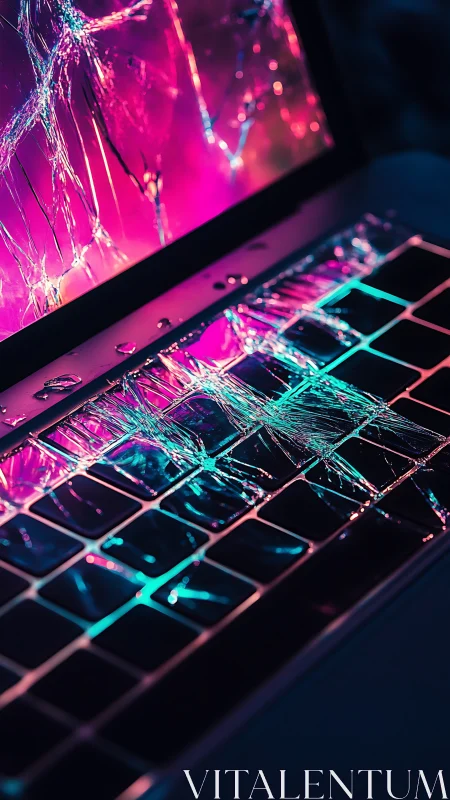 Shattered laptop under neon light dramatizes digital fragility